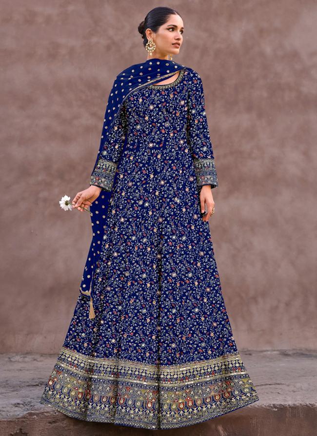 Georgette Blue Wedding Wear Sequins Work Readymade Gown With Dupatta